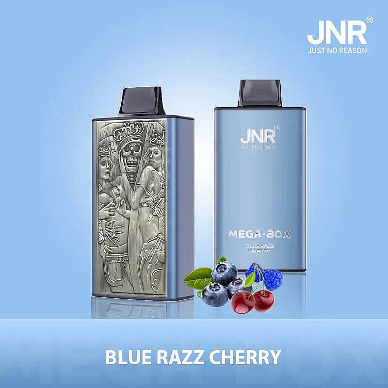 Two vape devices with a silver metallic finish, the left one featuring engraved skeleton-themed artwork and the right one labeled 'JNR MEGA BOX BLUE RAZZ CHERRY,' with blueberries, cherries, and raspberries depicted in the foreground.