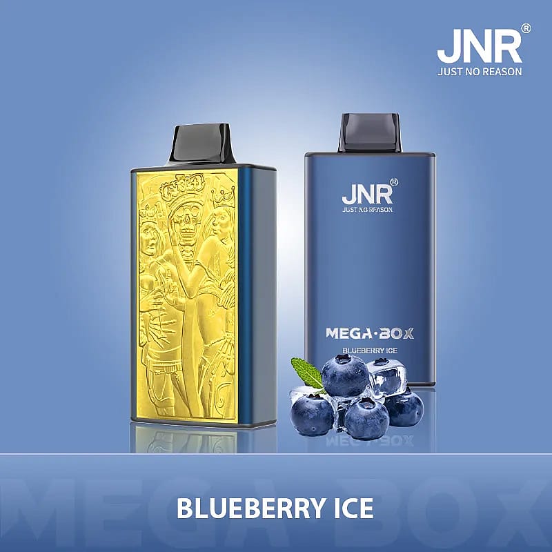 Two JNR e-cigarette devices are displayed, one with a golden embossed design and the other in blue labeled 'Blueberry Ice,' alongside blueberries and ice cubes representing the flavor.