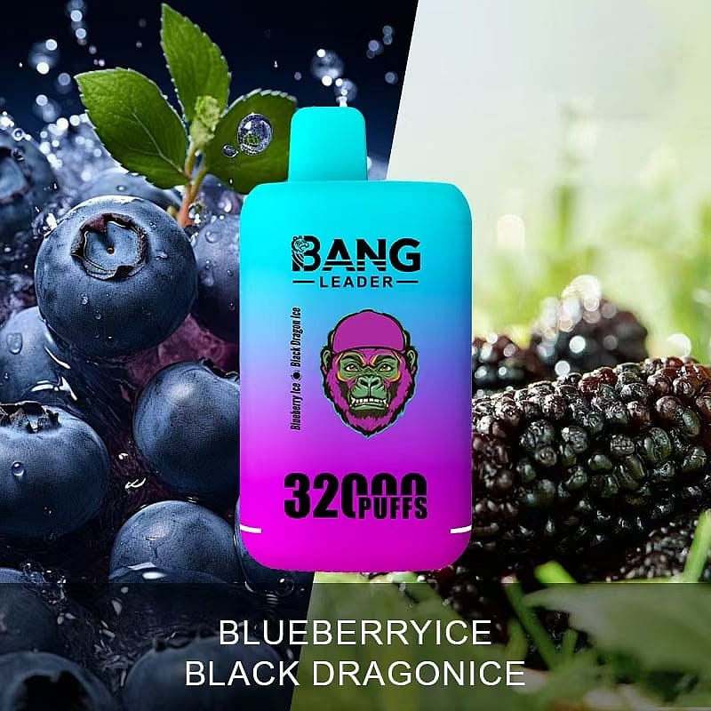 A vape product labeled 'Bang Leader' with a vibrant blue to pink gradient design, advertised for 32,000 puffs, placed against a background of fresh blueberries and blackberries with droplets of dew, highlighting the flavors 'Blueberry Ice' and 'Black Dragon Ice'.