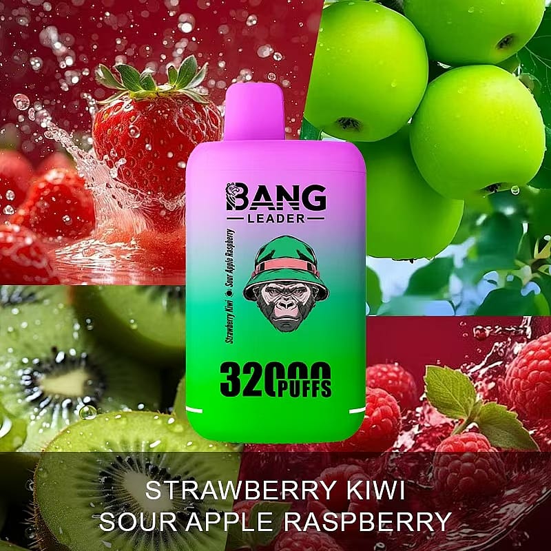 A colorful vape device labeled "Bang Leader" with a flavor description of "Strawberry Kiwi Sour Apple Raspberry" against a background of fresh fruit images including strawberries, green apples, kiwis, and raspberries, and text indicating 3200 puffs.