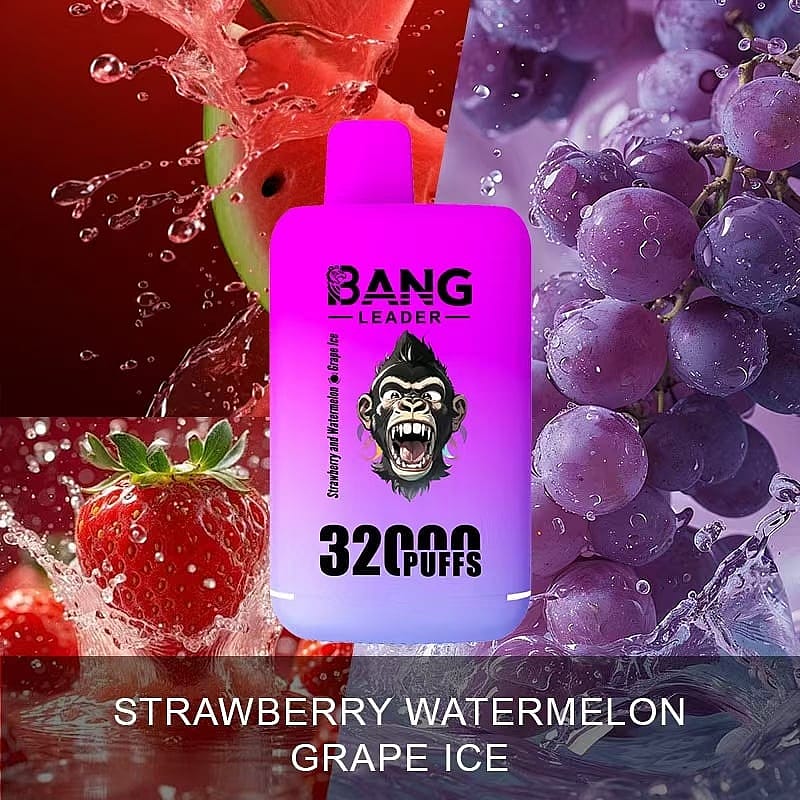 Bang leader vape with 3200 puffs in strawberry, watermelon, and grape ice flavors, surrounded by fresh strawberries, watermelon slices, and grapes.