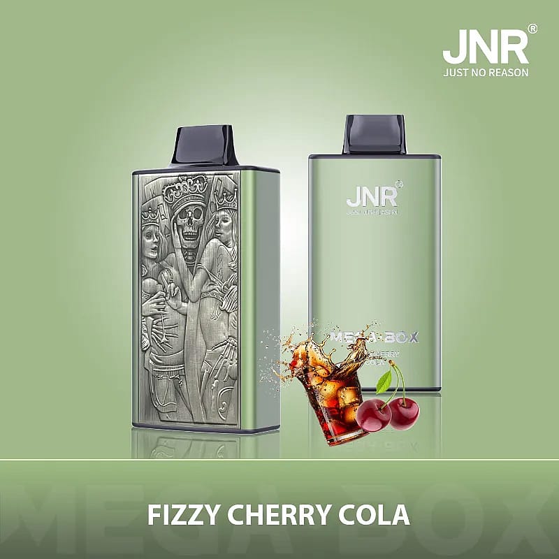 A metallic pod device with intricate engraved artwork and a flavor image labeled 'Fizzy Cherry Cola,' beside a glass of cola and cherries on a green gradient background.