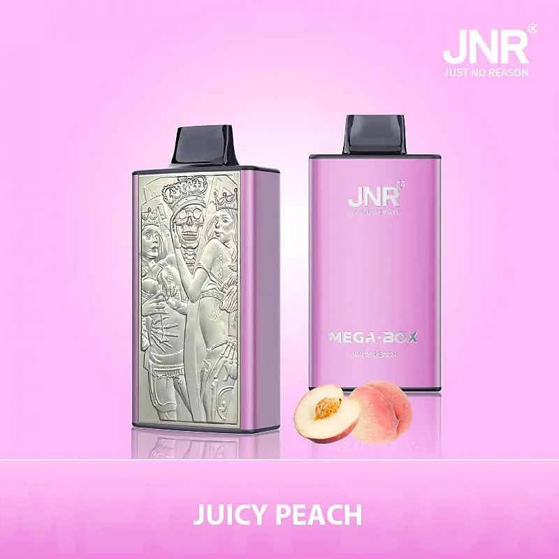 Two electronic vaping devices in pink color, one embossed with an intricate skeleton design and the other labeled "JNR MEGA BOX Juicy Peach," accompanied by a sliced peach placed on a pink background.