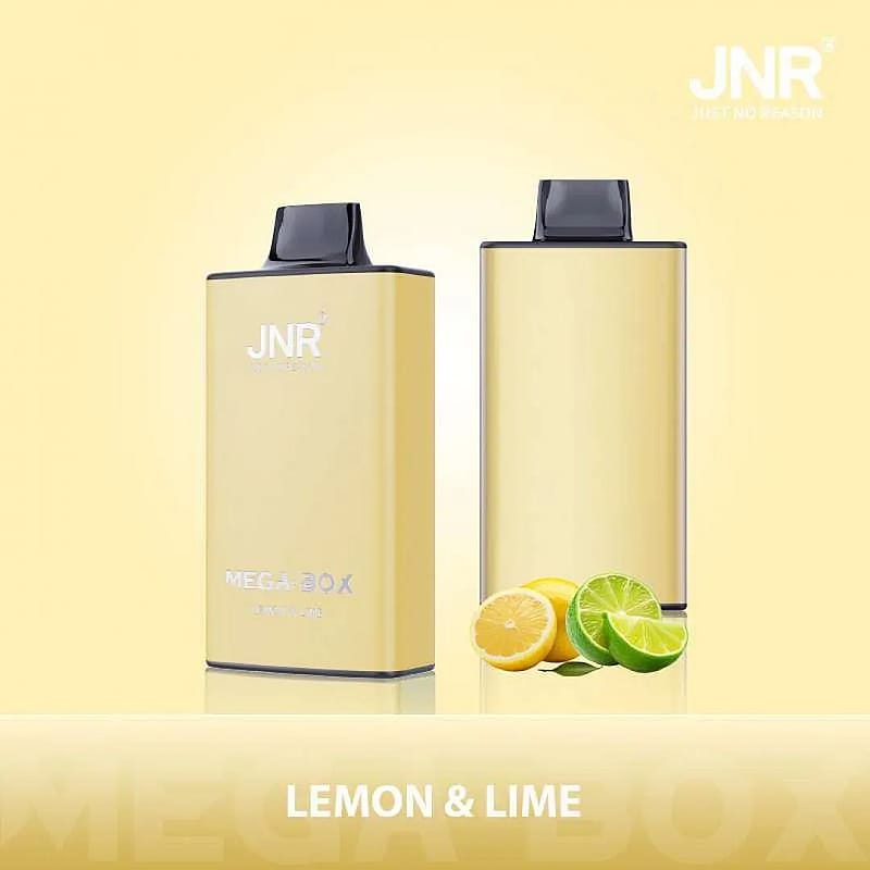 Two yellow rectangular vaping devices labeled 'JNR' and 'MegaBox', accompanied by fresh lemon and lime halves on a matching yellow background.