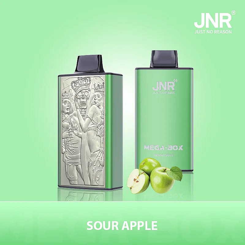 Two green vaping devices branded with 'JNR Just No Reason', featuring a sour apple flavor, with an apple motif and embossed artwork on one device, against a matching green background.