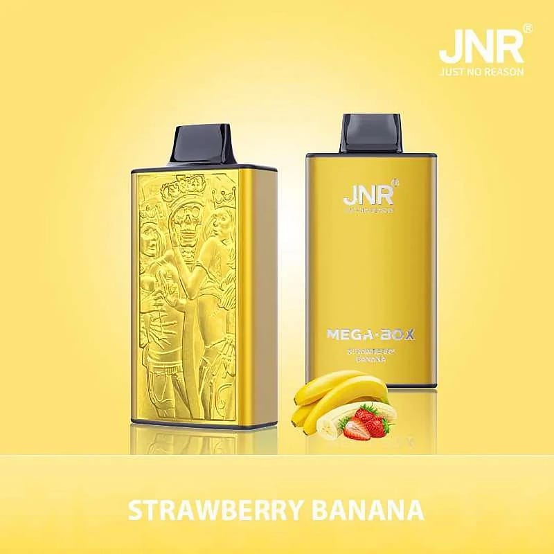 A promotional image of two golden JNR MEGA-BOX vape devices, one with engraved detailed designs, against a yellow background featuring strawberries and bananas, with the flavor mentioned as strawberry banana.