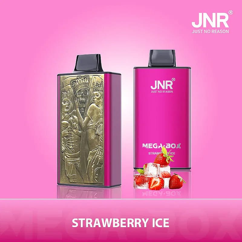 Promotional image of a strawberry-flavored ice vape, featuring pink packaging with a decorative gold panel and fresh strawberry imagery.