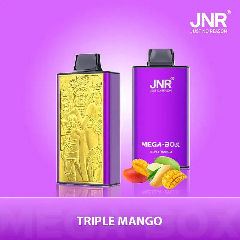Two purple and gold vape devices from JNR's Mega Box series with the flavor 'Triple Mango,' displayed alongside sliced and whole mango fruit on a purple background.