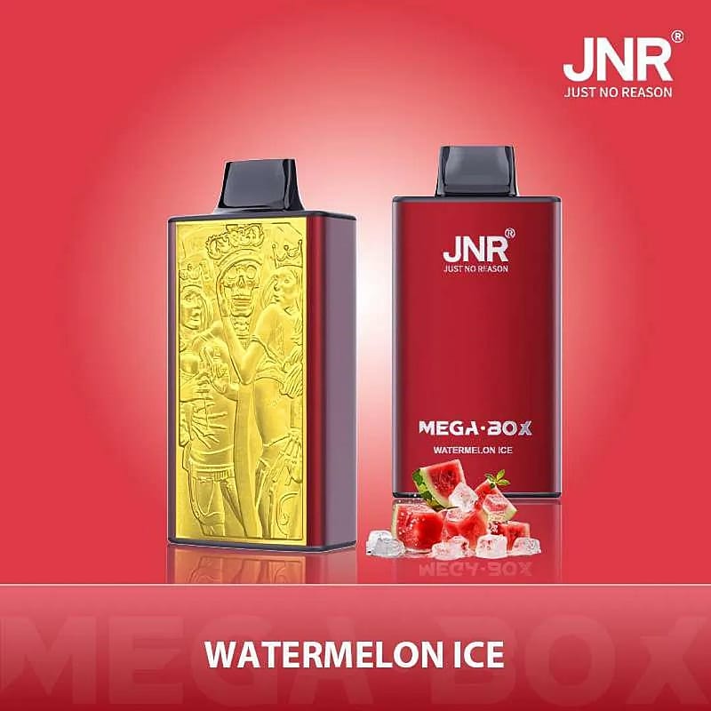 Two JNR-brand electronic vape devices with a watermelon ice flavor theme are displayed, one featuring a gold-toned embossed design and the other with a sleek red exterior beside images of watermelon and ice cubes, set against a red background.