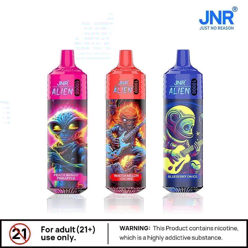 Three vibrant vaping devices of the 'JNR Alien 10000' brand, each featuring unique alien designs and labeled with flavors: Peach Mango Pineapple, Watermelon Lychee, and Blueberry On Ice. Display includes a 21+ age restriction warning and a nicotine advisory.