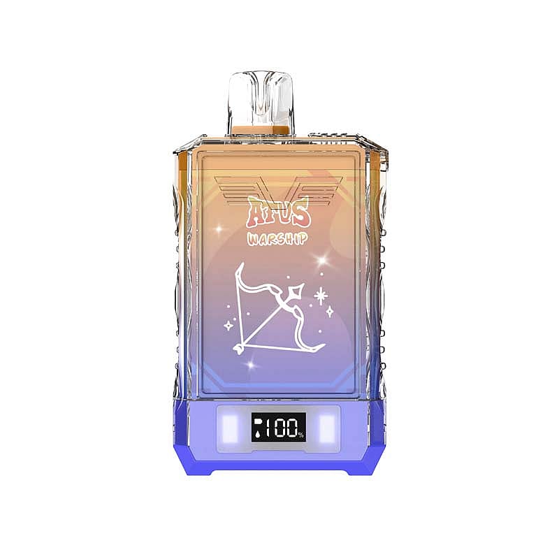 Flacon de parfum transparent présentant un design dégradé avec un graphisme d'arc et de flèche, étiqueté « ATVS Warship » et un affichage numérique indiquant « 100 ».