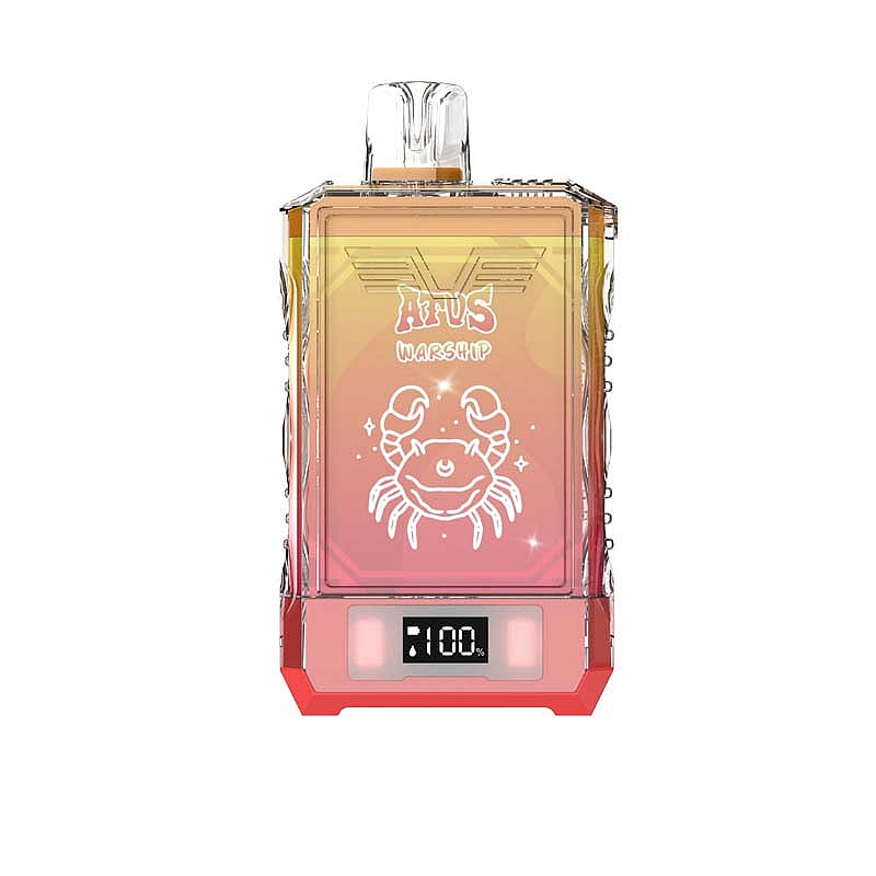 Une cigarette électronique colorée avec un corps transparent comportant une illustration de crabe de dessin animé et le texte « ATVS WARSHIP », avec un écran numérique affichant « 100% » en bas.