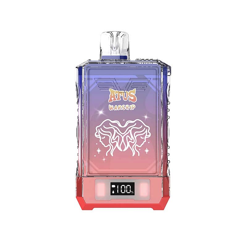 Un flacon de parfum rectangulaire transparent avec un motif dégradé de violet à rose étiqueté « ATVS WARSHIP », avec un affichage numérique en bas indiquant « 100% ».