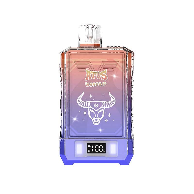 Un flacon de parfum « ATVS WARSHIP » comportant un logo en forme de tête de taureau et un affichage numérique indiquant 100%, avec un design en dégradé de couleurs allant de l'orange au violet.