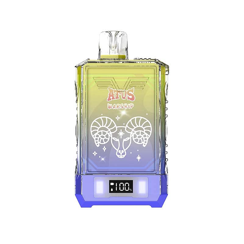 Un flacon de parfum rectangulaire étiqueté « ATVS WARSHIP » avec un motif de tête de bélier et un écran LED affichant « 100% » à la base, avec un dégradé de couleurs mêlant le jaune et le bleu.