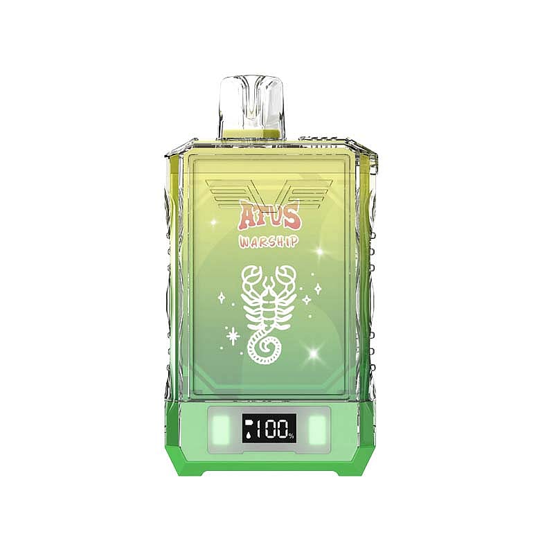 Flacon de parfum rectangulaire en verre étiqueté « ATVS WARSHIP » avec un motif de scorpion et un affichage numérique affichant « 100% » à la base, dans des tons verts et transparents.