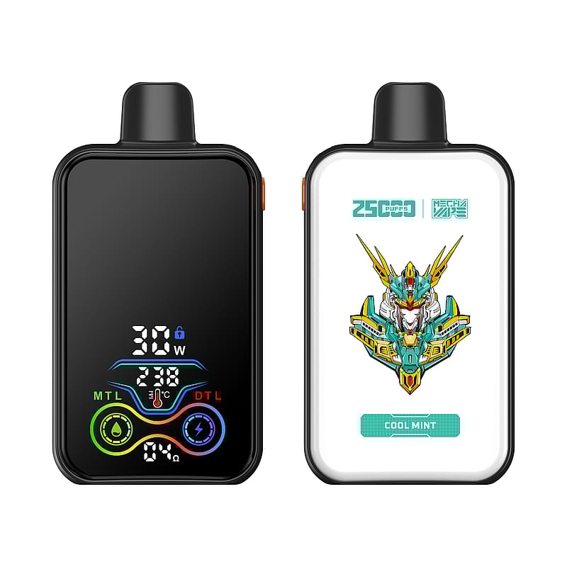 Deux appareils de vapotage Delta 30 sont présentés, l'un avec un écran noir comportant des indicateurs de puissance et de mode, et l'autre avec une marque blanche comportant un design abstrait coloré et un texte indiquant 2500 bouffées et la saveur « Cool Mint ».