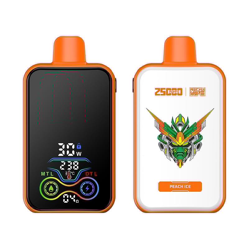 Deux appareils de vapotage orange vif avec des écrans numériques vibrants ; l'appareil de gauche affiche les paramètres électroniques comme la puissance et le niveau d'ohm, tandis que l'appareil de droite présente un graphique artistique coloré ressemblant à une tête de robot mecha, intitulé « Peach Ice » et marqué « 25 000 bouffées ».