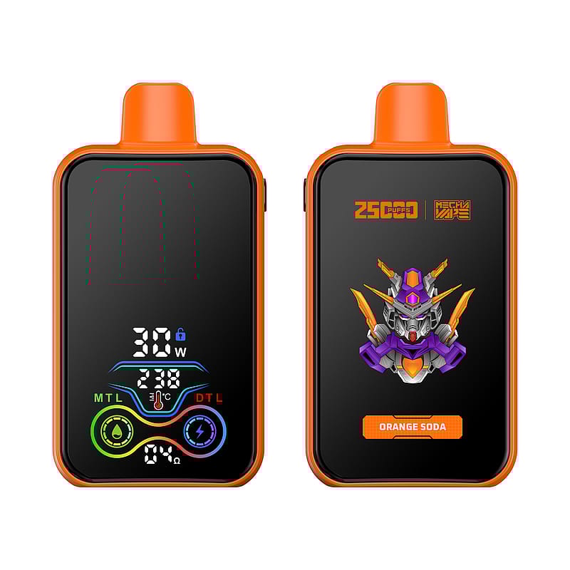 Deux appareils de vapotage électroniques avec des boîtiers orange, l'un affichant un affichage numérique avec divers réglages, notamment la puissance et le mode, et l'autre présentant un design robotique futuriste avec le texte « 2500 PUFFS » et « ORANGE SODA ».