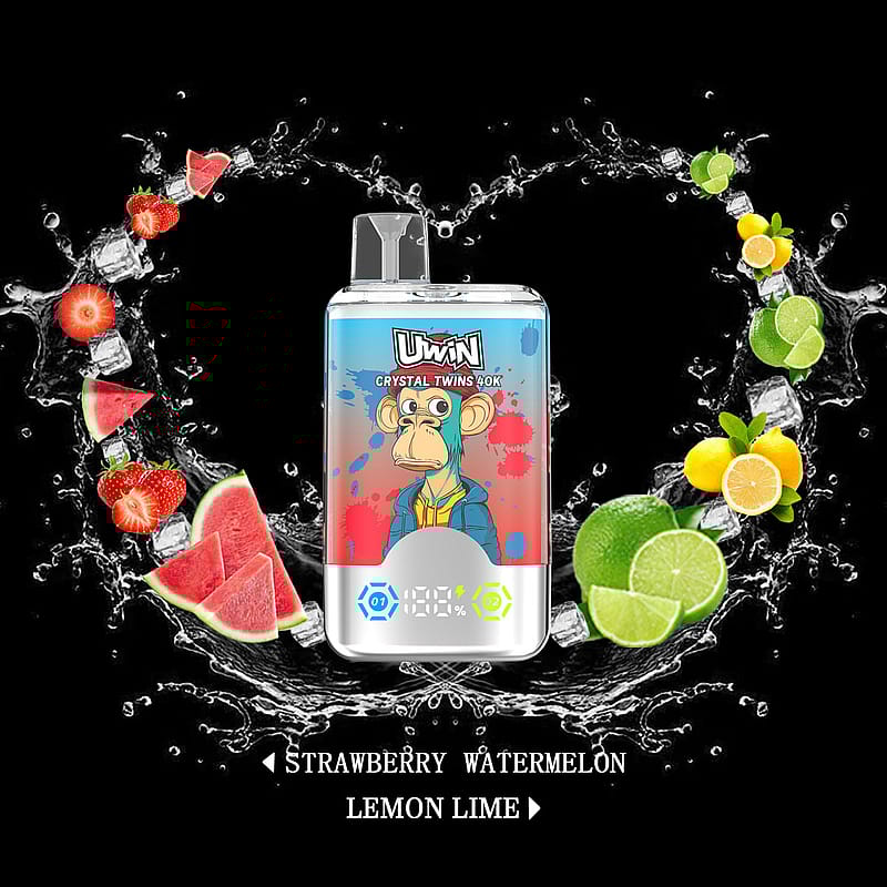 An artistic advertisement showcasing a vape device with a cartoon gorilla design, surrounded by splashing water and illustrations of strawberries, watermelon slices, lemons, and limes, labeled with flavors 'Strawberry Watermelon' and 'Lemon Lime.'