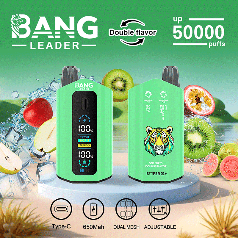 Promotional image featuring the Bang Leader vaping device with dual flavors, 50,000 puff capacity, displayed with fruit elements and product highlights like Type-C charging, 650mAh battery, and adjustable settings.