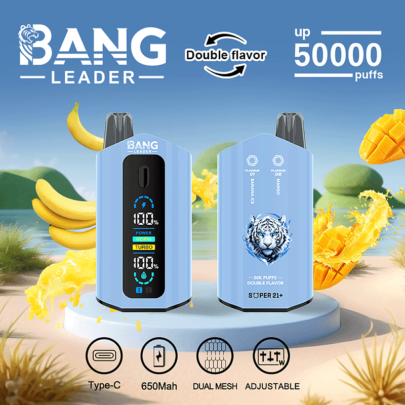 Promotional image for Bang Leader vape device, showcasing dual flavors, a blue device with display options, 650mAh battery capacity, and mango and banana flavor graphics.