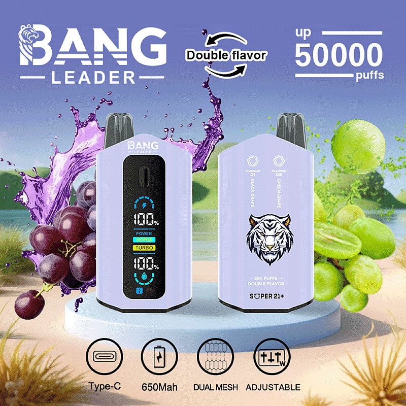 Promotional image for Bang Leader Super 21+ vaping device showcasing its features like double flavor, up to 50,000 puffs, 650mAh battery, Type-C charging, dual mesh coil, and adjustable settings, displayed against a colorful background with grape imagery.