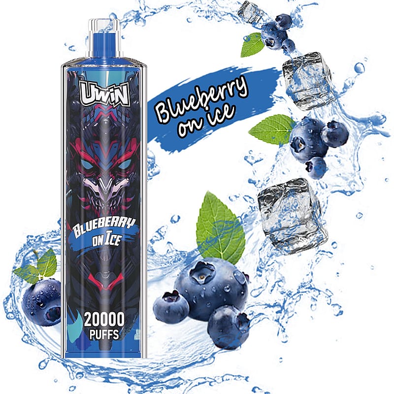 Ein Werbebild mit dem Uwin-Verdampfer „Blueberry on Ice“ mit detaillierter Verpackung, begleitet von eisigen Grafiken, Blaubeeren und Minzblättern für eine frostige, fruchtige Ästhetik.