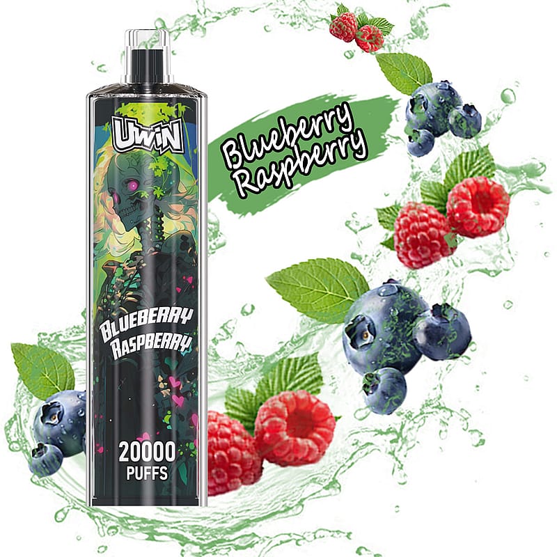 Ein Vape-Gerät mit der Aufschrift „UWIN Blueberry Raspberry 20.000 Puffs“ ist mit Grafiken von Blaubeeren und Himbeeren abgebildet, umgeben von Flüssigkeitsspritzern und Minzblättern, wodurch die Mischung des Beerengeschmacks hervorgehoben wird.