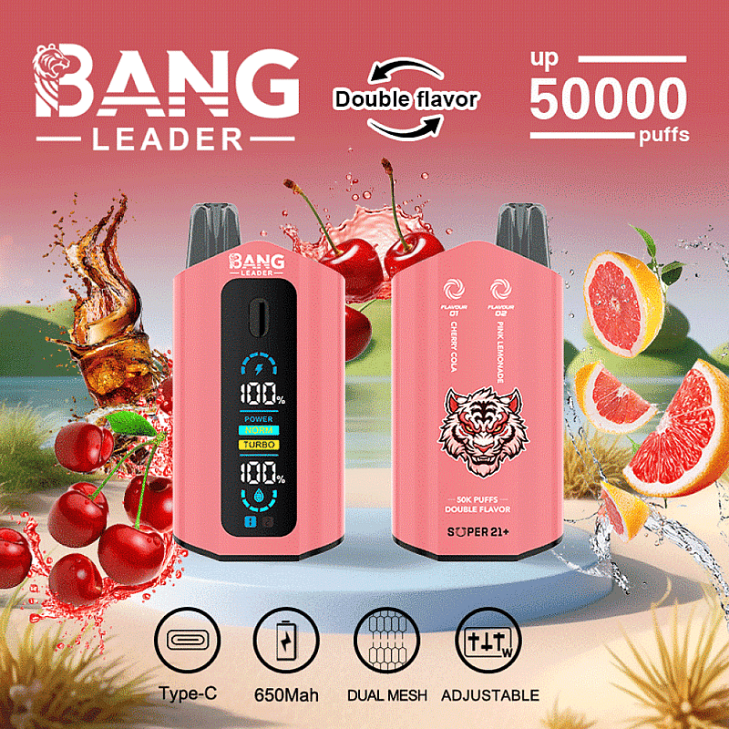 Promotional image showcasing the Bang Leader double-flavor vape device in pink, featuring a tiger design, a digital display, and associated flavor options of cherry cola and pink lemonade. Surrounding icons highlight features such as Type-C charging, 650mAh battery, dual mesh coils, and adjustable settings.