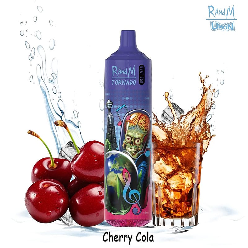 Una sigaretta elettronica RandM Tornado con un design ispirato agli alieni fantascientifici, circondata da ciliegie, spruzzi di cola e un bicchiere di cola alla ciliegia, con l'etichetta "Cherry Cola".