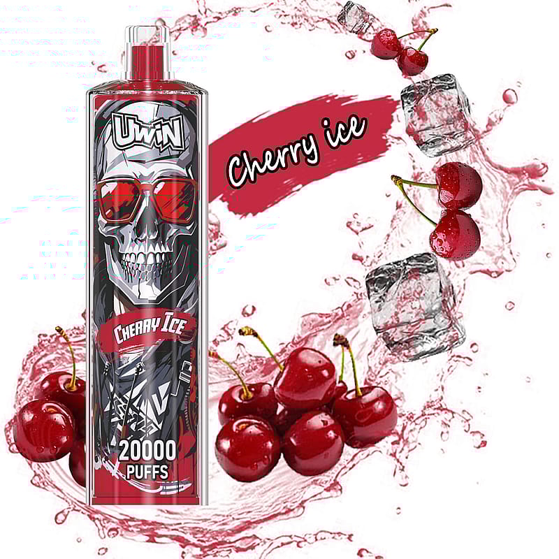 Ein Vaping-Gerät im Design eines Totenkopfes mit roter Sonnenbrille, der Aufschrift „Cherry Ice“ und einer Kapazität von 20.000 Zügen, umgeben von Abbildungen von Kirschen, Eiswürfeln und Spritzern.