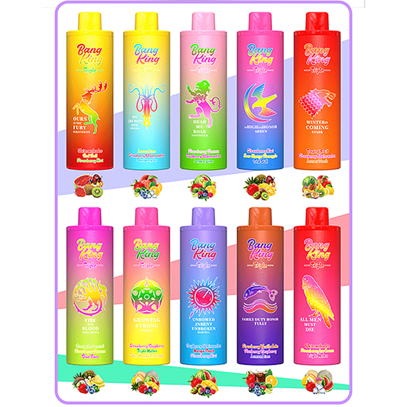 Colorful lineup of BangKing fruit-flavored soda bottles featuring vibrant designs and flavor-themed illustrations.