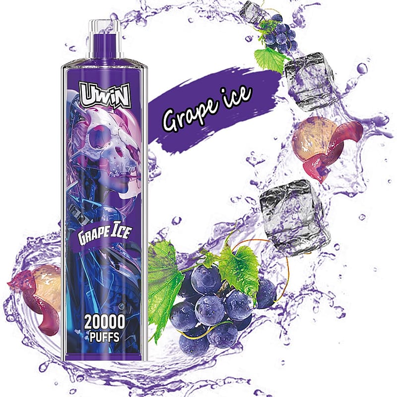 Werbebild mit einem UWIN-Vaporizer mit Traubeneisgeschmack, der 20.000 Züge hervorhebt und von Grafiken aus Trauben, Eiswürfeln und violetten Flüssigkeitsspritzern umgeben ist.