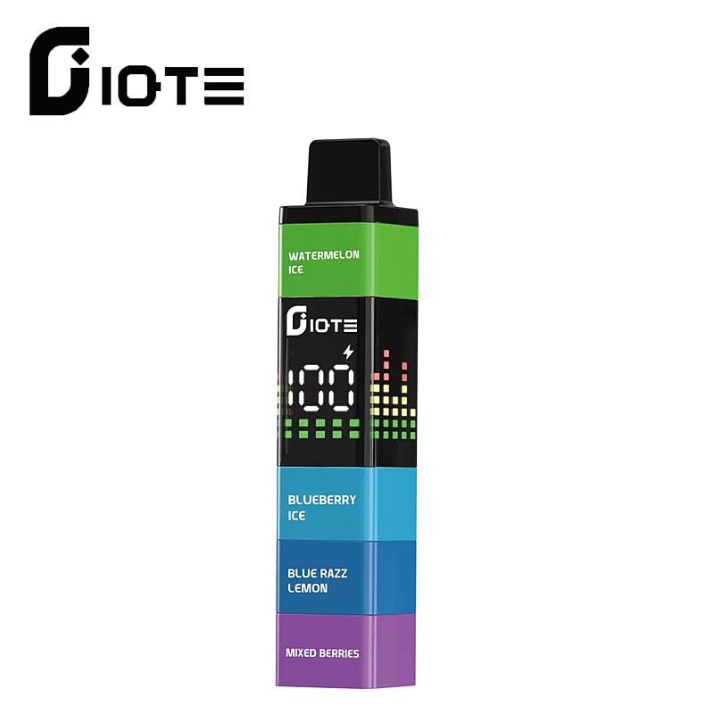 Un dispositivo de vapeo rectangular y colorido etiquetado con una selección de sabores: hielo de sandía, hielo de arándano, limón frambuesa azul y frutos rojos mixtos, con la marca "Giote" arriba.
