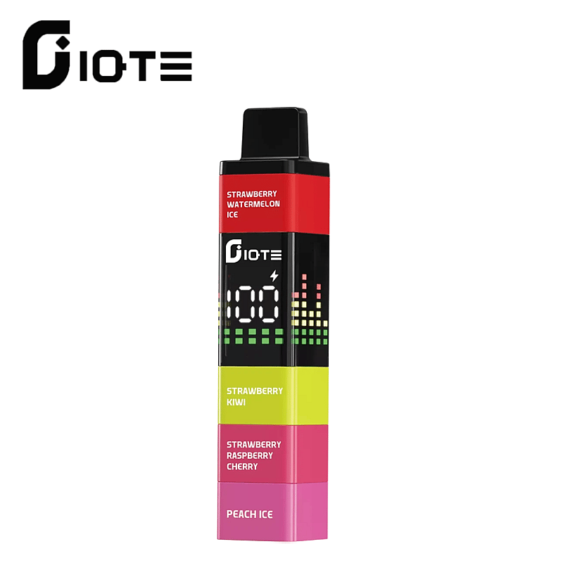 Un dispositivo de vapeo electrónico multicolor con la marca 'Diote', que incluye etiquetas de sabor que incluyen Strawberry Watermelon Ice y Peach Ice.