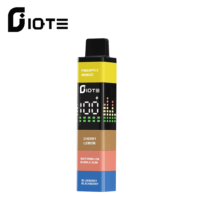Dispositivo de vapeo electrónico de la marca Diote con etiquetas de sabor a piña y mango, cereza y limón, sandía y chicle, y arándano y mora.