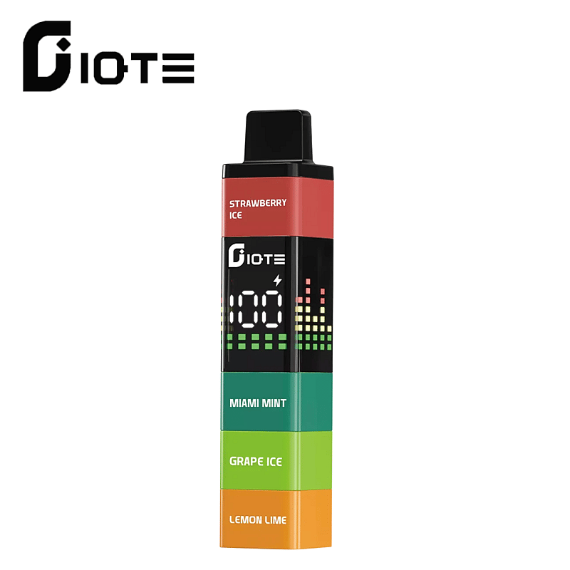 Dispositivo vaporizador digital etiquetado como 'Giote' que presenta secciones de sabor apilables que incluyen 'Strawberry Ice', 'Miami Mint', 'Grape Ice' y 'Lemon Lime', con una punta negra y un diseño colorido sobre un fondo blanco.