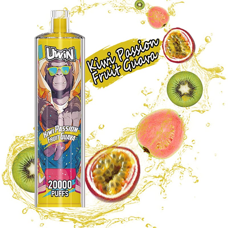 Ein farbenfrohes Vape-Gerät mit der Aufschrift „Uwin Kiwi Passion Fruit Guava“ mit einem energiegeladenen Hintergrund mit Spritzern und Abbildungen der genannten Früchte, darunter Kiwi, Guave und Passionsfrucht, das die Geschmacksvielfalt betont und auf 20.000 Züge hinweist.