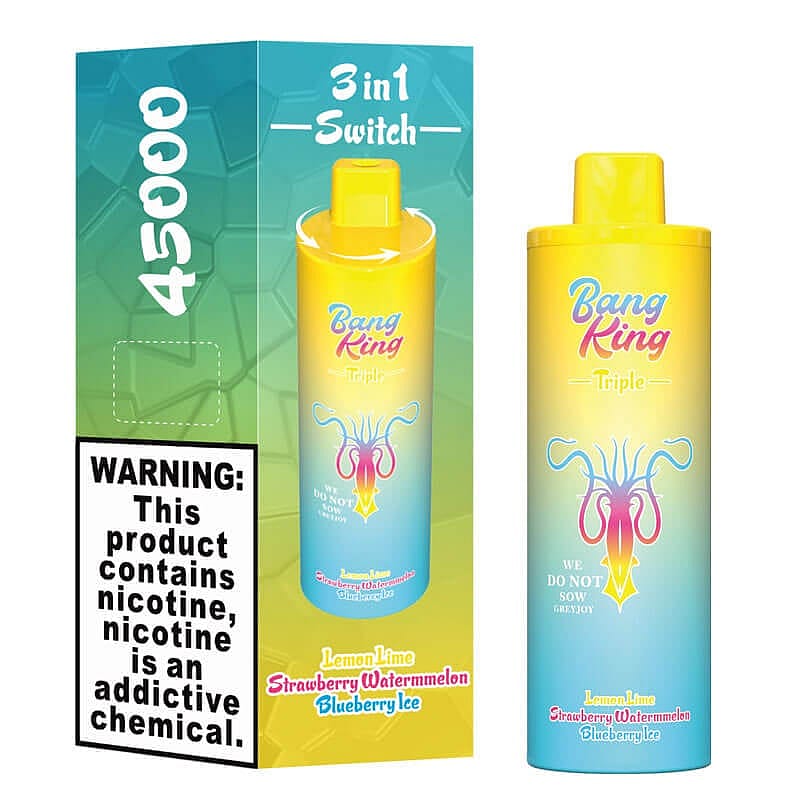 Packaging and product of a Bang King Triple vaping device featuring a yellow and blue gradient design with flavors Lemon Lime, Strawberry Watermelon, and Blueberry Ice, alongside a nicotine warning label.
