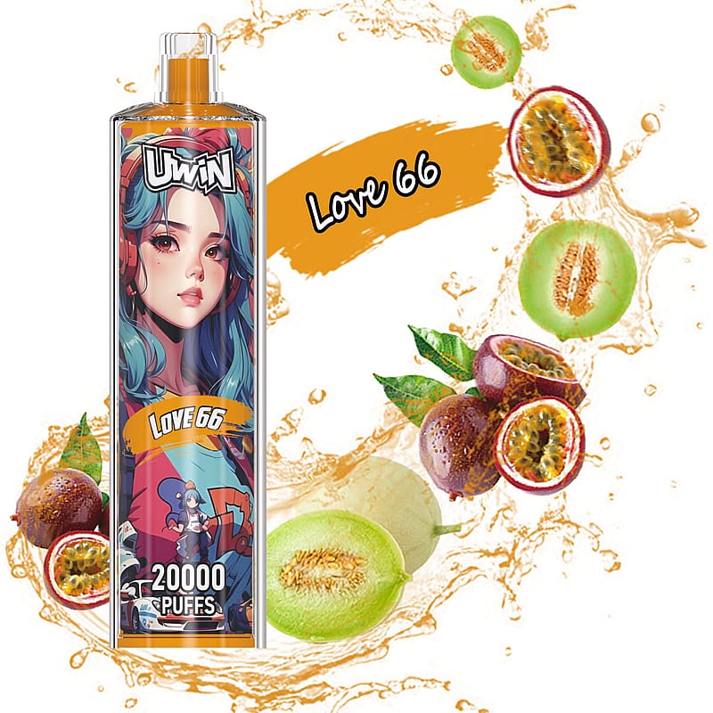 Eine Produktpräsentation mit einem Vaping-Gerät in lebendigem Design mit der Aufschrift „Love 66“, umgeben von Spritzern und Bildern von Passionsfrucht und Honigmelone, die die Aromen andeuten.