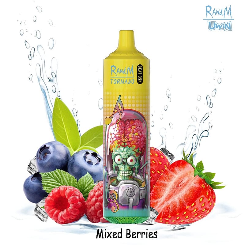 Sigaretta elettronica colorata con l'etichetta "RandM Tornado Beat 35K" raffigurante un alieno dei cartoni animati, circondato da mirtilli, lamponi e una fragola, su uno sfondo di schizzi d'acqua, con il testo "Mixed Berries" (bacche miste) sotto.
