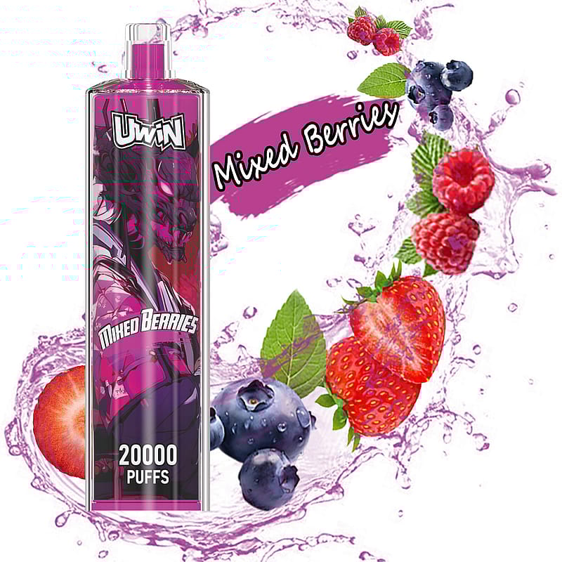 Ein zylindrisches Vaping-Gerät mit der Marke „UWİN“ und dem Etikett mit dem Geschmack „Mixed Berries“, auf dem Bilder von Erdbeeren, Himbeeren und Blaubeeren auf einem Spritzer leuchtend violetter Flüssigkeit zu sehen sind, wobei auf dem Gerät „20.000 Züge“ hervorgehoben werden.