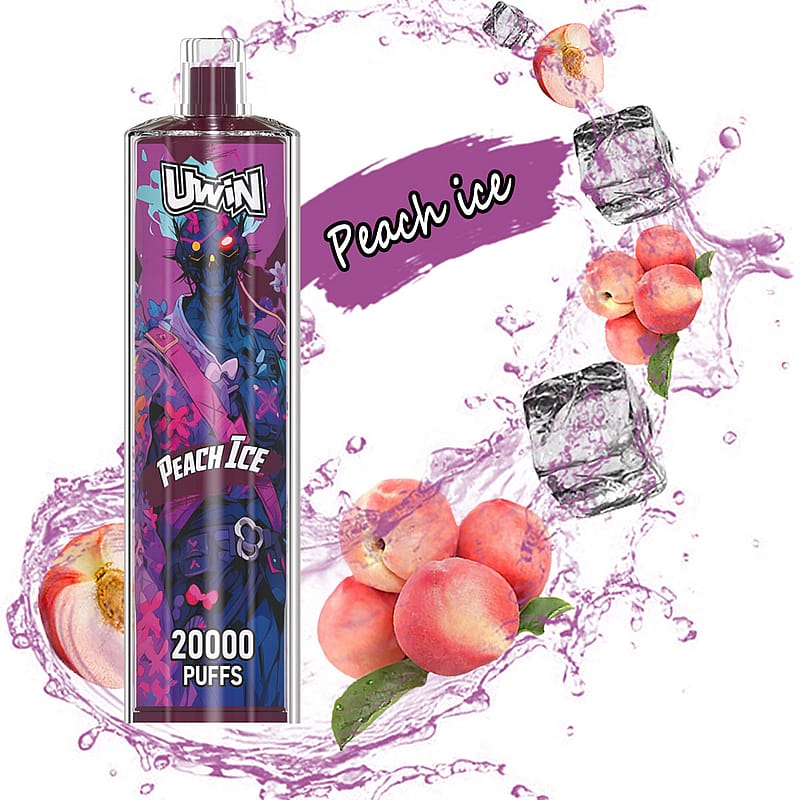 Ein Werbebild des Vape-Produkts UWIN Peach Ice mit einem stilisierten Design mit einem lebhaften Lila-Thema, einschließlich Abbildungen von Eis und frischen Pfirsichen, neben der Produktinformation mit dem Hinweis, dass es 20.000 Züge ermöglicht.