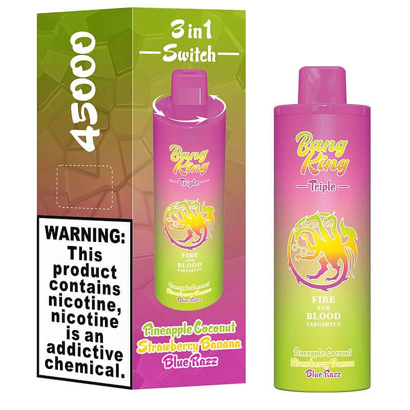 Packaging and product image of Bang King Triple e-cigarette with 3-in-1 switch flavor, featuring pineapple coconut, strawberry banana, and blue razz varieties; includes nicotine warning label.