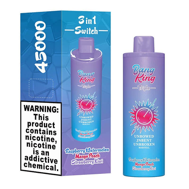 Packaging of Bang King Triple vape device featuring flavors Raspberry Watermelon, Mango Peach, and Strawberry Kiwi, alongside a warning label indicating nicotine addiction risks.