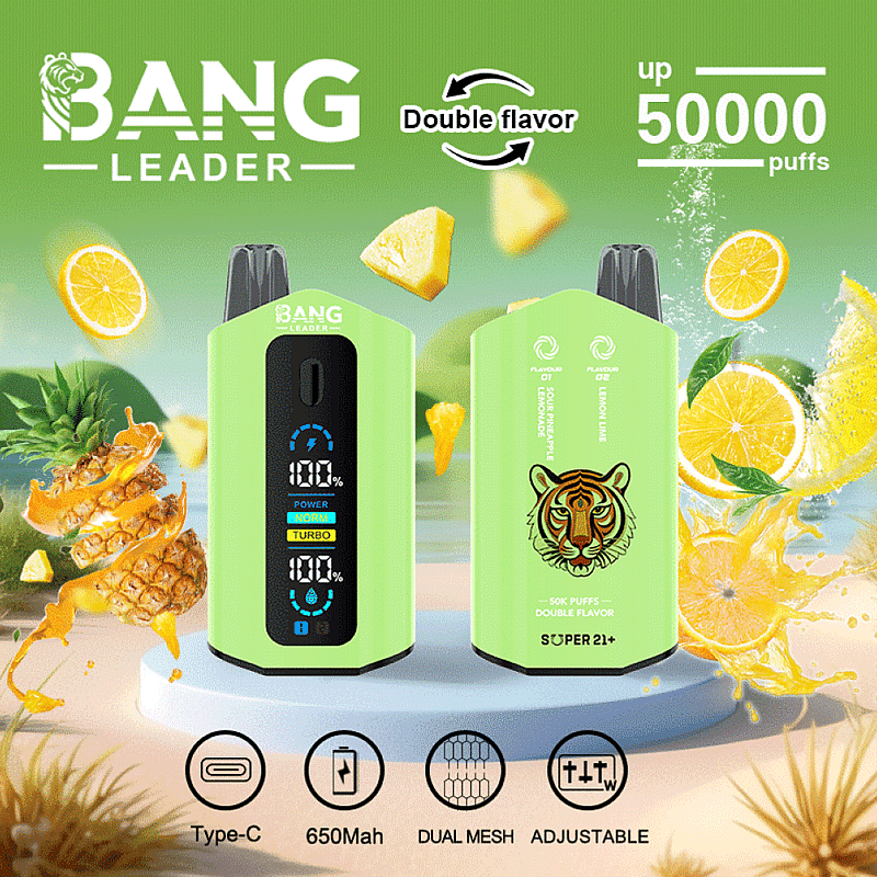 Promotional image of the Bang Leader electronic device featuring dual flavor vaping, a digital display, Type-C charging, 650mAh battery, dual mesh technology, and adjustable settings, with a pineapple and orange theme in the background.