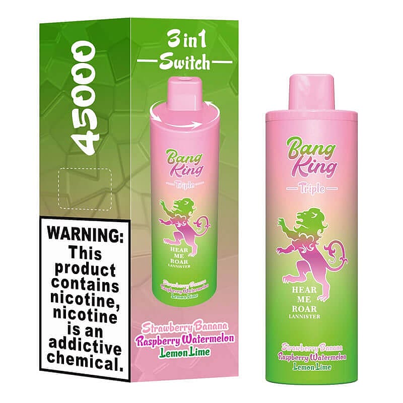 A product package for the Bang King Triple vaping device with 4500 puffs, featuring a green and pink gradient design, flavors include Strawberry Banana, Raspberry Watermelon, and Lemon Lime, and a nicotine warning label prominently displayed.