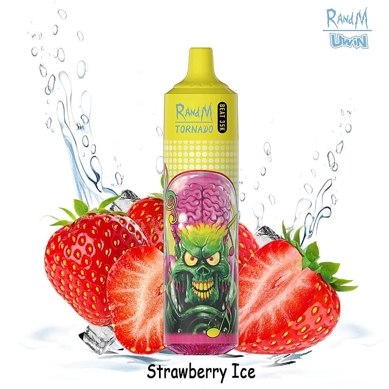 Un dispositivo per svapare con una grafica colorata che ricorda gli alieni, etichettato "RandM Tornado, Beat 15K", circondato da fragole e cubetti di ghiaccio con spruzzi d'acqua e la scritta "Strawberry Ice".
