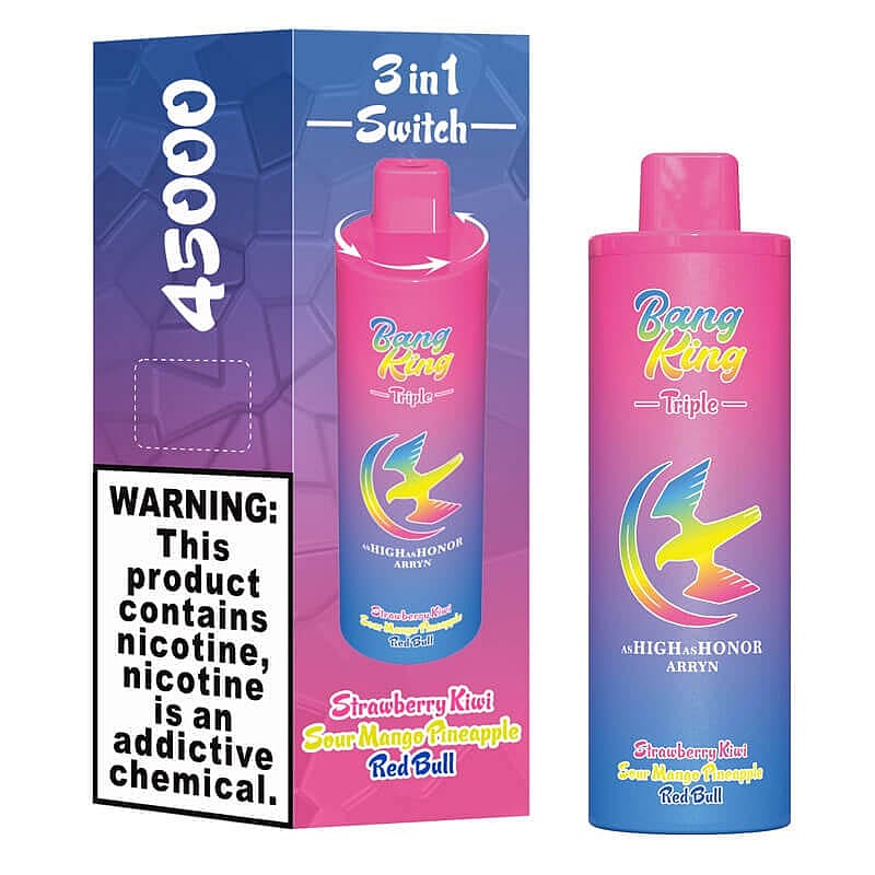 Promotional image of the Bang King Triple vape product in a pink and blue design, featuring a '3 in 1 Switch' and flavors listed as Strawberry Kiwi, Sour Mango Pineapple, and Red Bull, alongside a nicotine warning label.